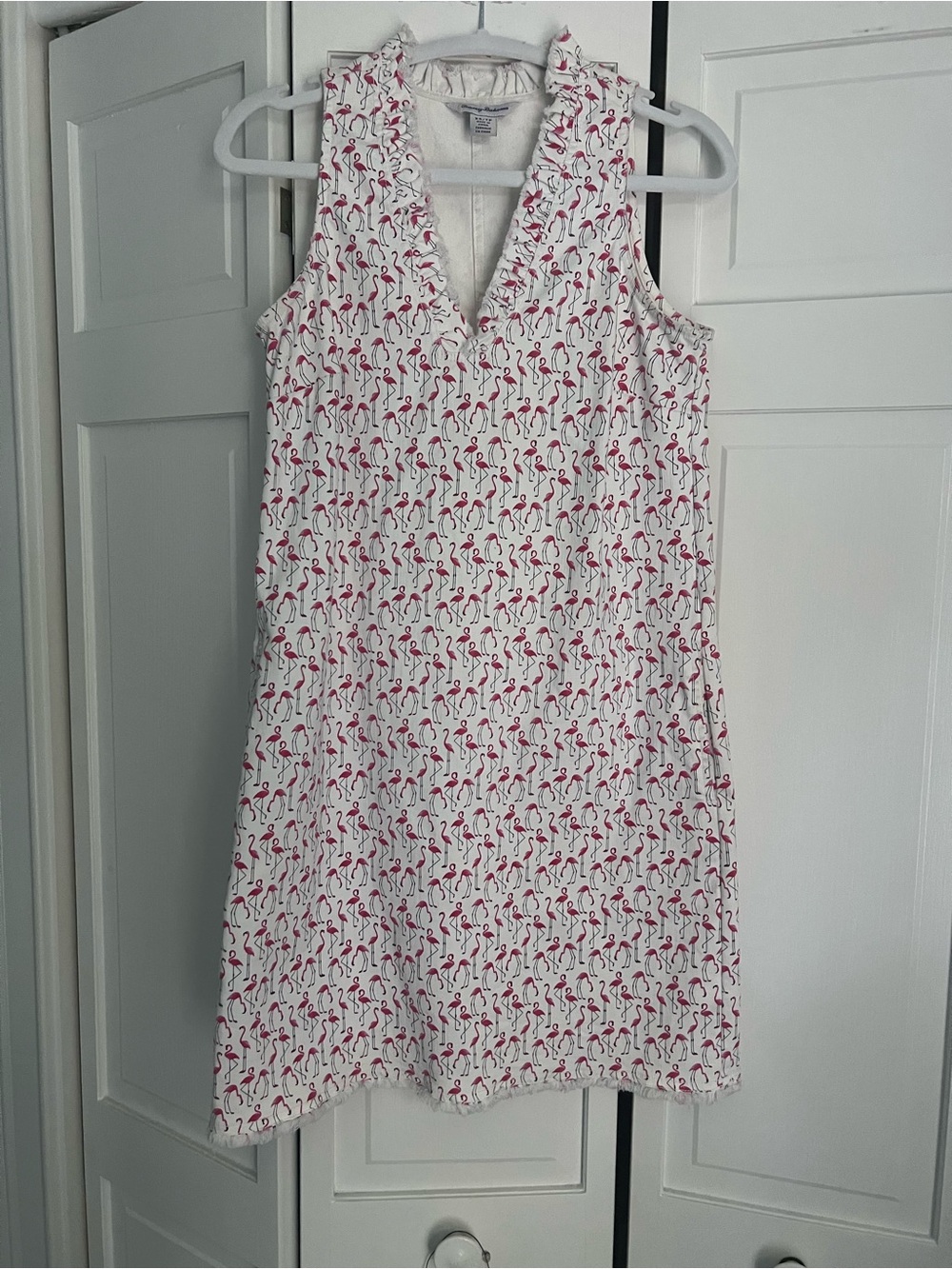 Tommy Bahama White Denim Dress with Pink Flamingo Print